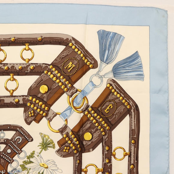 HERMES Carre 90 Scarf ""aux champs"" Silk Light Blue Auth BA6381