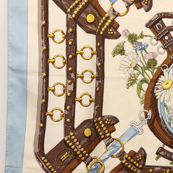 HERMES Carre 90 Scarf ""aux champs"" Silk Light Blue Auth BA6381