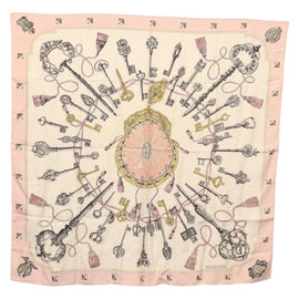 HERMES Carre 90 Scarf ""les cles key"" Silk Pink White Auth BA6383