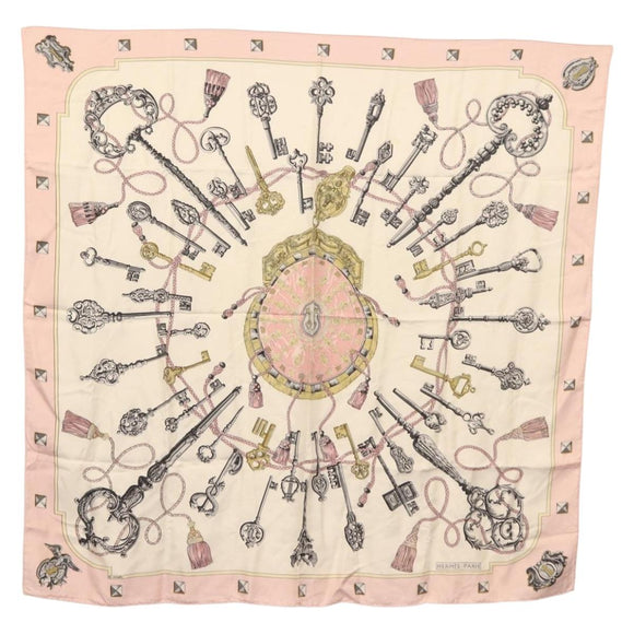 HERMES Carre 90 Scarf ""les cles key"" Silk Pink White Auth BA6383