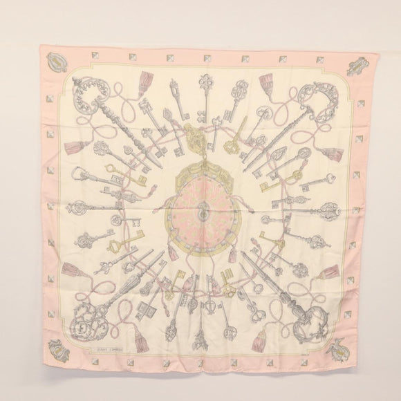 HERMES Carre 90 Scarf ""les cles key"" Silk Pink White Auth BA6383