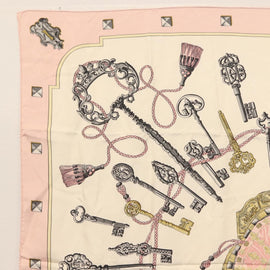 HERMES Carre 90 Scarf ""les cles key"" Silk Pink White Auth BA6383 - 0