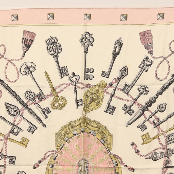HERMES Carre 90 Scarf ""les cles key"" Silk Pink White Auth BA6383