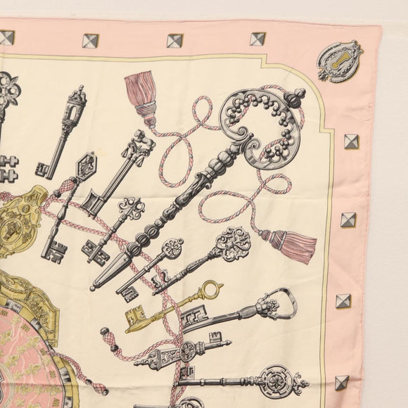 HERMES Carre 90 Scarf ""les cles key"" Silk Pink White Auth BA6383
