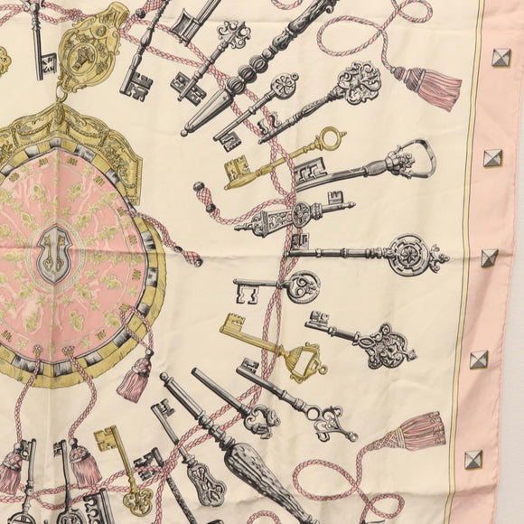 HERMES Carre 90 Scarf ""les cles key"" Silk Pink White Auth BA6383