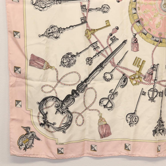 HERMES Carre 90 Scarf ""les cles key"" Silk Pink White Auth BA6383