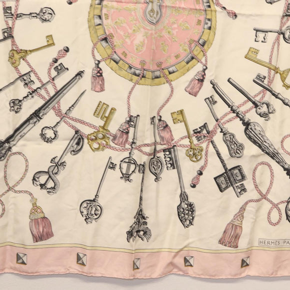 HERMES Carre 90 Scarf ""les cles key"" Silk Pink White Auth BA6383