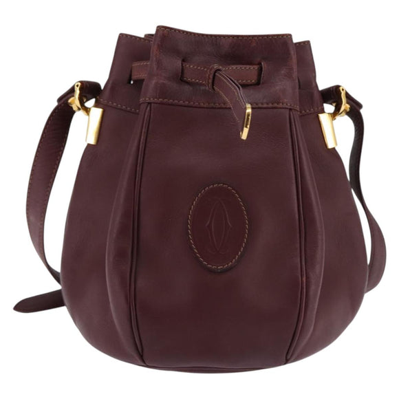 CARTIER Must Line Shoulder Bag Leather Bordeaux Gold Auth BA6388