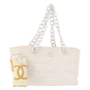 CHANEL Plastic Chain Tote Bag Straw Gold White CC Auth BA6435-1