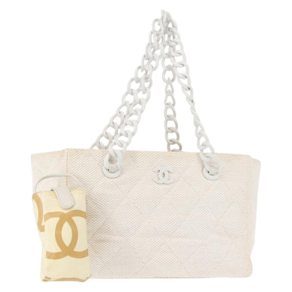 CHANEL Plastic Chain Tote Bag Straw Gold White CC Auth BA6435