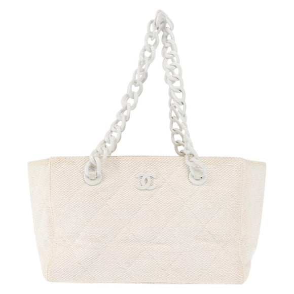 CHANEL Plastic Chain Tote Bag Straw Gold White CC Auth BA6435