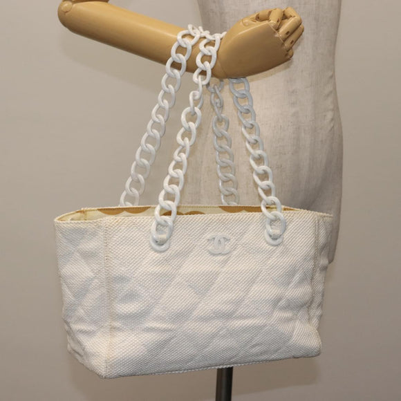 CHANEL Plastic Chain Tote Bag Straw Gold White CC Auth BA6435