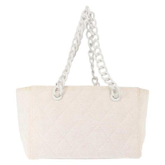 CHANEL Plastic Chain Tote Bag Straw Gold White CC Auth BA6435