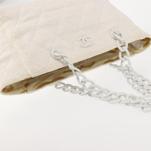 CHANEL Plastic Chain Tote Bag Straw Gold White CC Auth BA6435