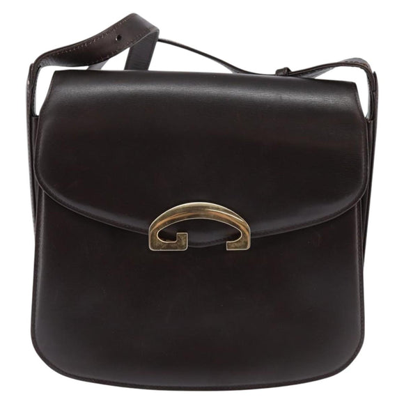 GUCCI Shoulder Bag Leather Brown Gold Auth BA6440