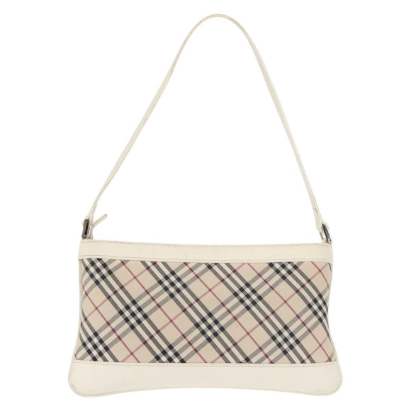 BURBERRY Nova Check Shoulder Bag Canvas Leather White Silver Auth BA6464