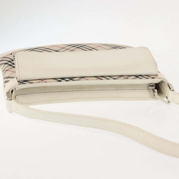 BURBERRY Nova Check Shoulder Bag Canvas Leather White Silver Auth BA6464