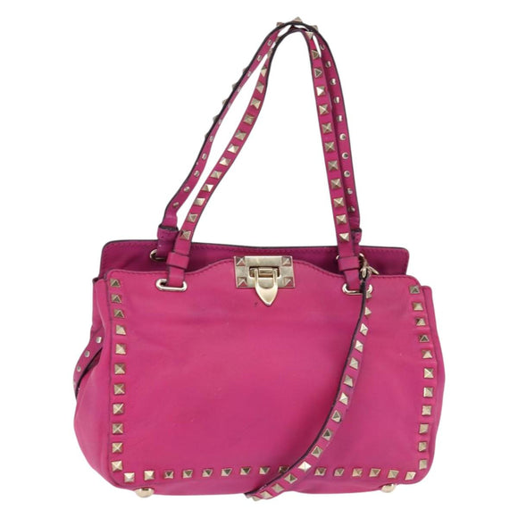 VALENTINO Studs Hand Bag Leather 2way Pink Gold Auth BA6473