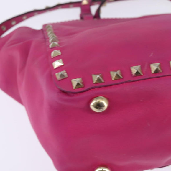 VALENTINO Studs Hand Bag Leather 2way Pink Gold Auth BA6473