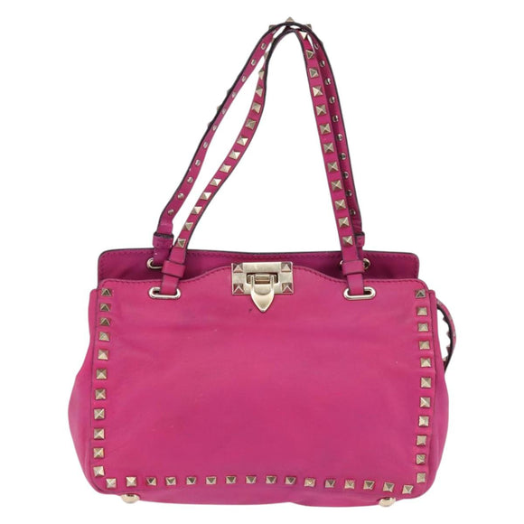 VALENTINO Studs Hand Bag Leather 2way Pink Gold Auth BA6473