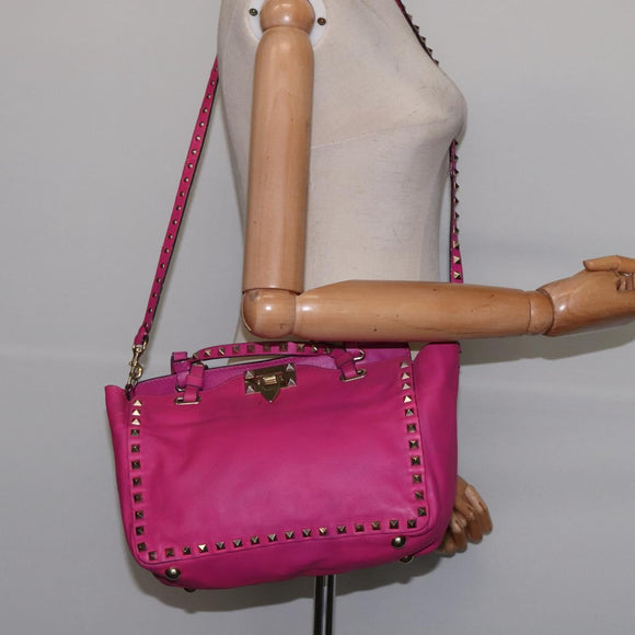VALENTINO Studs Hand Bag Leather 2way Pink Gold Auth BA6473