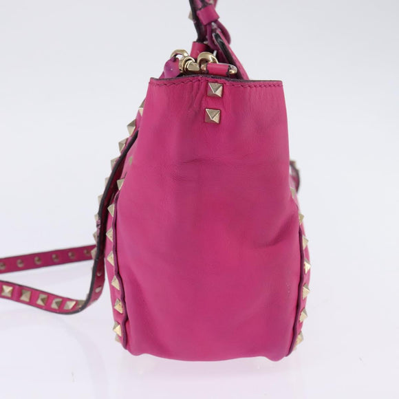 VALENTINO Studs Hand Bag Leather 2way Pink Gold Auth BA6473
