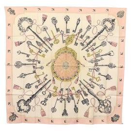 HERMES Carre 90 Scarf ""les cles key"" Silk Pink Auth BA6545