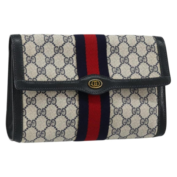 GUCCI GG Supreme Sherry Line Clutch Bag PVC Navy Gold 89 01 006 Auth BA6557