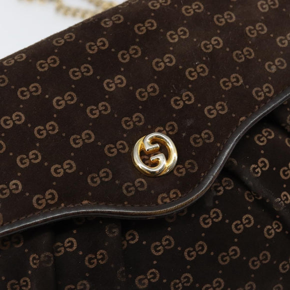GUCCI Micro GG Canvas Chain Shoulder Bag Suede Brown Gold Auth BA6560