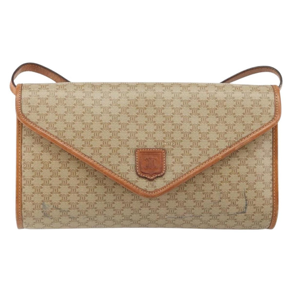 CELINE Macadam Canvas Shoulder Bag PVC Beige Gold Auth BA6573