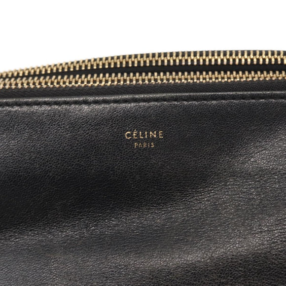 CELINE Trio Shoulder Bag Leather Black Gold Auth BA6576