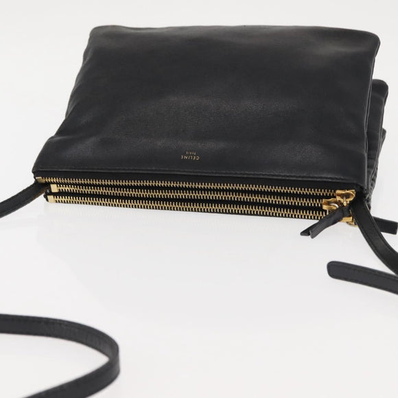 CELINE Trio Shoulder Bag Leather Black Gold Auth BA6576
