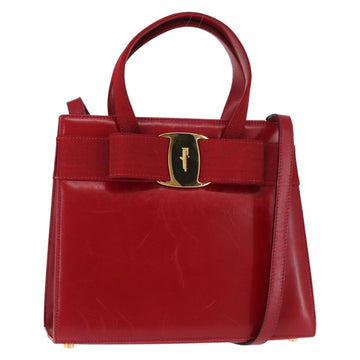 Salvatore Ferragamo Vala Hand Bag Leather 2way Red Gold Auth BA6584