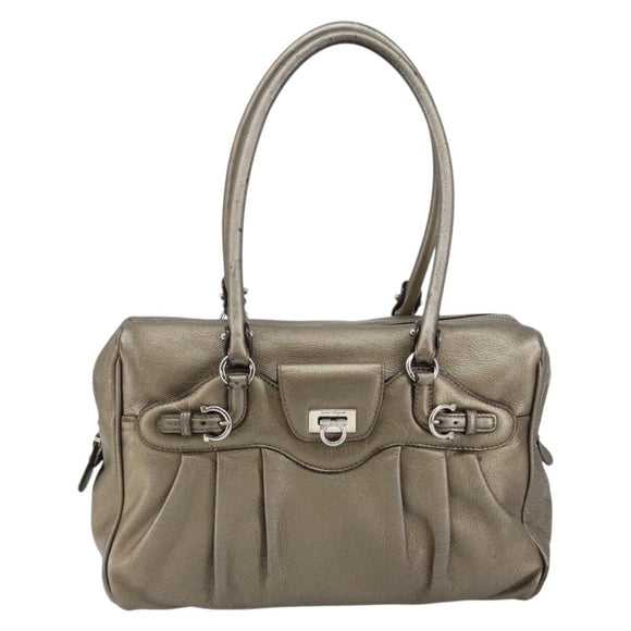 Salvatore Ferragamo Gancini Tote Bag Leather Gold Silver Auth BA6588