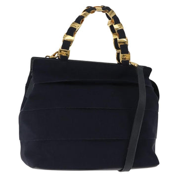 Salvatore Ferragamo Vala Hand Bag Canvas 2way Navy Gold Auth BA6589