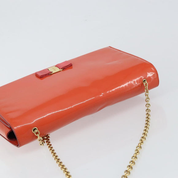 Salvatore Ferragamo Chain Vala Shoulder Bag Enamel Orange Gold Auth BA6593