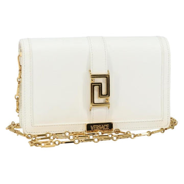 VERSACE Chain Shoulder Bag Leather White Gold Auth BA6599