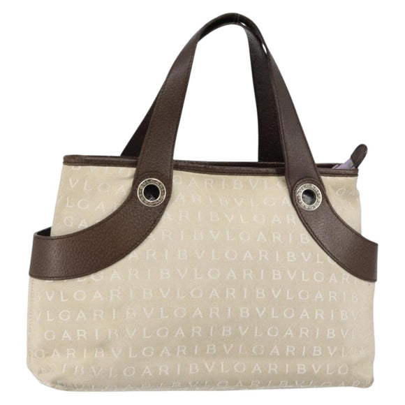 BVLGARI Logo Mania Hand Bag Canvas Beige Silver Auth BA6603