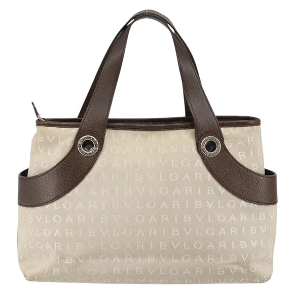 BVLGARI Logo Mania Hand Bag Canvas Beige Silver Auth BA6603