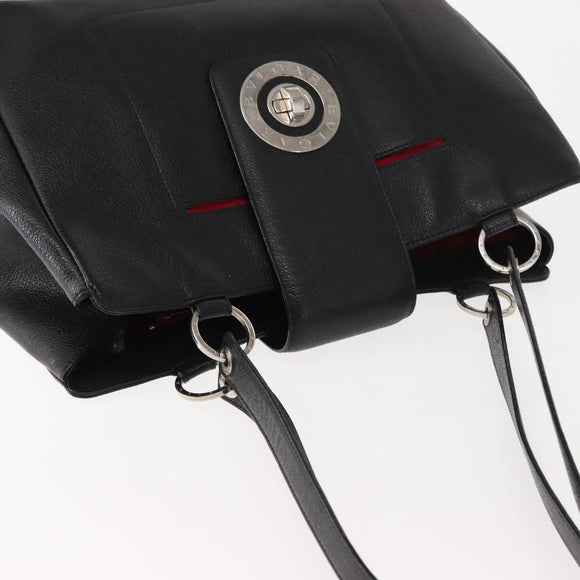 BVLGARI Circle Logo Tote Bag Leather Black Silver Auth BA6604
