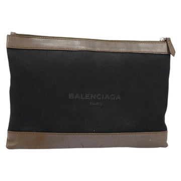 BALENCIAGA Navy Clip M Pouch Canvas Leather Black Silver Auth BA6615