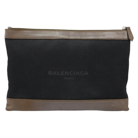 BALENCIAGA Navy Clip M Pouch Canvas Leather Black Silver Auth BA6615