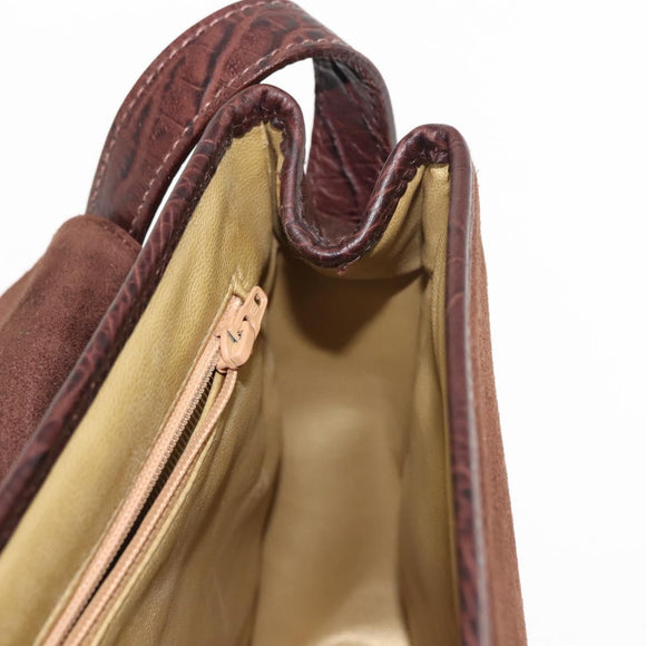 VALENTINO Embossing Shoulder Bag Suede Leather Brown Gold Auth BA6617