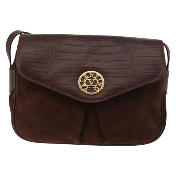 VALENTINO Embossing Shoulder Bag Suede Leather Brown Gold Auth BA6617