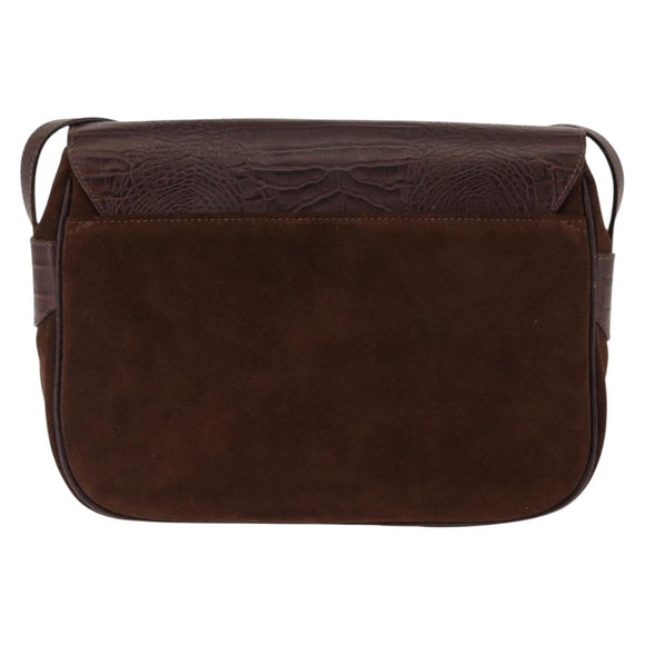 VALENTINO Embossing Shoulder Bag Suede Leather Brown Gold Auth BA6617