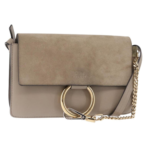 Chloe Fay Shoulder Bag Suede Leather Beige Gold Auth BA6627