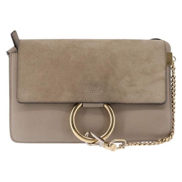 Chloe Fay Shoulder Bag Suede Leather Beige Gold Auth BA6627