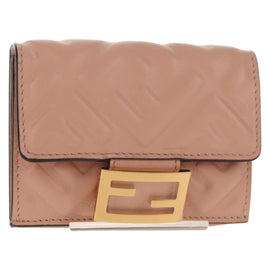 FENDI Zucca Canvas Trifold Wallet Leather Pink Gold Auth BA6630M