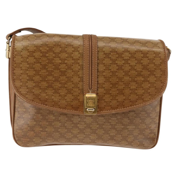CELINE Macadam Canvas Shoulder Bag PVC Beige Gold Auth BA6724