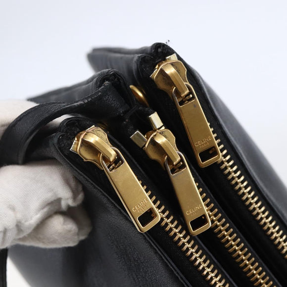 CELINE Trio Small Shoulder Bag Leather Black Gold Auth BA6727